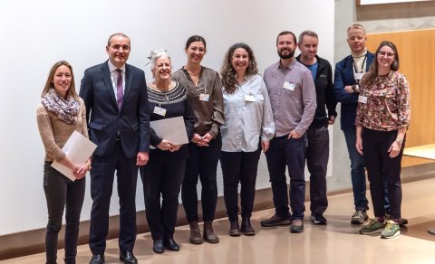 Prize winners together with the President of Iceland and the board of the Biology Society. PHOTO/Fre…